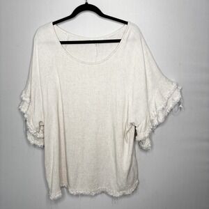 Umgee Womens 1XL Linen Blend Ruffle Sleeve Frayed Hem Tunic Top Oatmeal